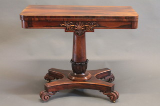 A William IV rosewood D shaped card table, raised on a turned column with triform base and scrolled feet 36"   ILLUSTRATED
