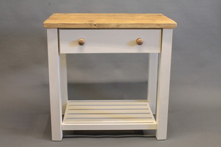 A white painted pine kitchen/side table, fitted a drawer above undertier, raised on square tapering supports 36"