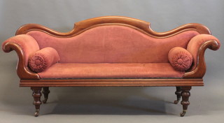 A William IV mahogany show framed sofa upholstered in pink material, raised on turned supports 80"   ILLUSTRATED