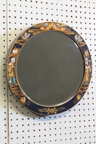A circular bevelled plate wall mirror contained in a chinoiserie  style frame 12"
