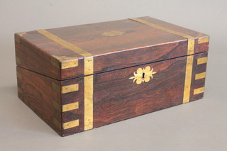 A Victorian mahogany and brass banded writing slope complete  with 2 square glass inkwells 16"