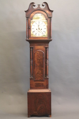 An 18th Century 8 day striking longcase clock with 11" arch  painted dial decorated rural scenes and with subsidiary second  hand and calendar indicator, contained in a mahogany case 82"   ILLUSTRATED