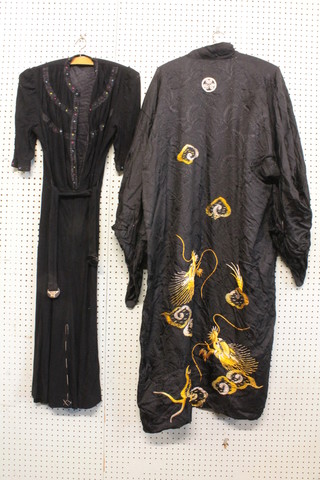 A black silk and embroidered Kimono, a black day dress by Sterling, a black embroidered dress, an Oriental style black  embroidered jacket and a 2 piece black suit by Rosa Taylor