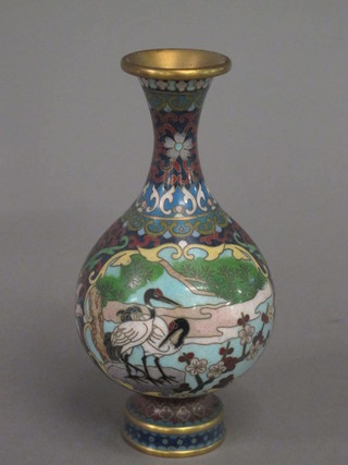 A cloisonne club shaped vase decorated storks 6"