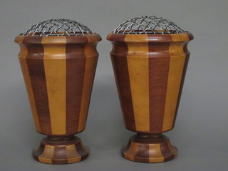 A pair of wooden waisted parquetry vases 8"