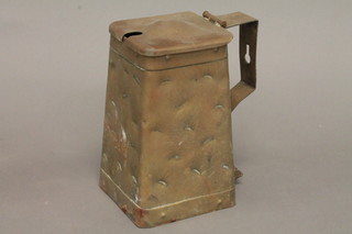 A square Art Nouveau planished brass jar and cover with hinged  lid, the base marked Cape Cod shod, 6"  ILLUSTRATED