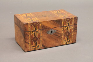 A Victorian rectangular mahogany and inlaid parquetry twin compartment tea caddy with hinged lid 8 1/2"