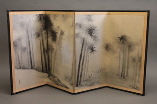 An Oriental 4 fold screen decorated trees