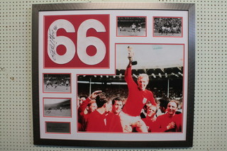 A section of white fabric marked 66, signed by Sir Geoff Hurst, together with various other photographs of The World Cup
