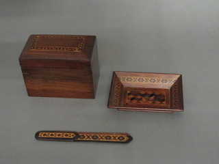 A rectangular Tonbridge ware pin tray 5" and a Tonbridge ware  paper knife 5", a 19th Century mahogany trinket box the lid with  parquetry decoration 4" and a circular lacquered salt 1"