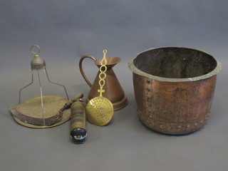 A circular copper copper, a copper jug, a brass fire extinguisher and other curios etc