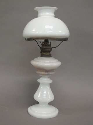 An opaque glass oil lamp and shade 19"