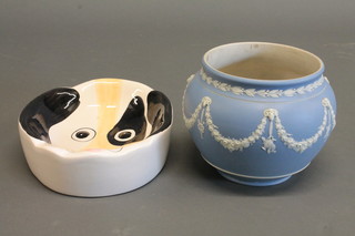 A Wedgwood blue Jasperware jardiniere 7" - cracked and a  pottery bowl decorated a dogs mask 9"