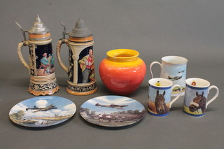 A Staffordshire figure of a seated Spaniel, a pottery figure of a Dray Horse, 2 beersteins, a collection of commemorative mugs,  collector's plates and other decorative ceramics