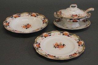 A 17 piece John Maddock Royal Vitreous pattern dinner service comprising pair of twin handled sauce boats and stands with  ladles, 5 soup bowls - 1 with chip to rim and 7 dinner plates 9  1/2"