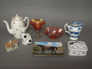 A rectangular porcelain sardine dish and cover 5", a part floral pattern coffee service, a collection of Carnival glass, Lilliput  Lane Cottages and other decorative ceramics etc
