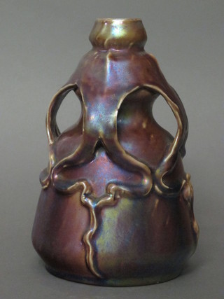 An Art Nouveau brown lustre Tongue glass vase 7"