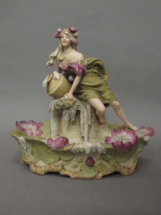 A large and impressive Royal Dux porcelain figure of a seated  lady with vase sat by a pool, some small chips, the base with  pink triangular mark and incised 470 13"   ILLUSTRATED