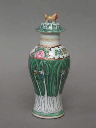 A Canton famille vert porcelain urn and cover with floral  decoration 7"