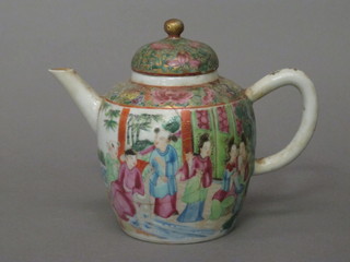 A Canton famille rose porcelain teapot decorated court figures 4  1/2"