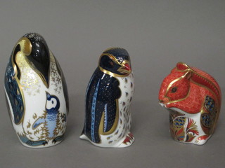 3 Royal Crown Derby paperweights - Red Squirrel, Rockhopper Penguin and Penguin with Chick