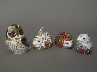 3 Royal Crown Derby Exclusive Collector's Guild paperweight figures - Poppy Mouse, Meadow Rabbit and Orchard Hedgehog  together with a Sleeping Doormouse designed by Louise Adams  and do. Tawny Owl