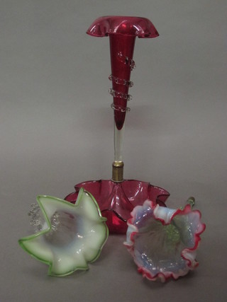 A Victorian cranberry glass table centre piece 10" and 2 epergne branches