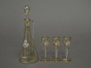 A 4 piece Continental glass liqueur set with ewer and 3 glasses  with cypher