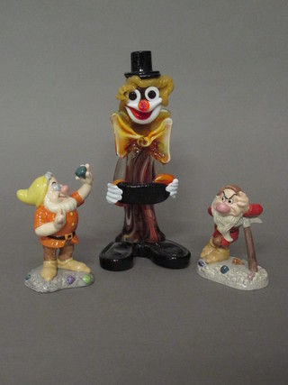 A Murano glass figure of a standing clown 8" together with 2  Royal Doulton Walt Disney showcase figures