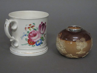 A Doulton Lambeth match striker with silver rim 3" and a 19th  Century porcelain mug decorated roses 4"