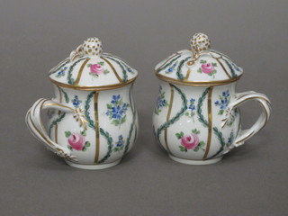 2 late Dresden chocolate cups and covers with floral decoration  and strap work handle, 1 with chip to lid, 3"