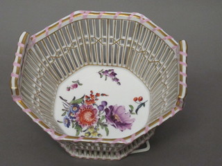 A "Berlin" porcelain octagonal ribbon work bowl with floral decoration, the base with sceptre mark 7 1/2"