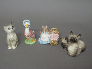 A Beswick figure of 2 curled kittens 4", do. seated gray cat 4"  and 2 Royal Albert Beatrix Potter figures