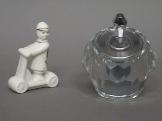A Binalite crystal table lighter and a crested china figure of a  Barn Scooter