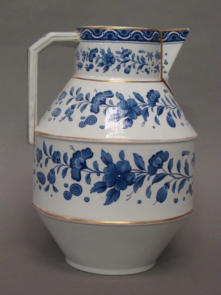 A Victorian Dresser style blue and white pottery jug with floral decoration 10"