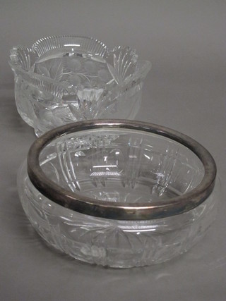 A circular heavy cut glass bowl, etched fruit, 8" chip to rim and  a cut glass bowl with silver plated mount 8"