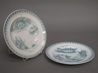 2 19th Century plates by Gustafsberg of Stockholm, green  glazed and decorated Swedish Castles 9 1/2"