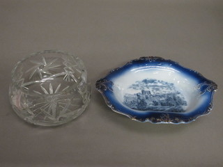 A circular cut glass bowl 7" and an oval blue and white dish decorated Windsor castle 11"