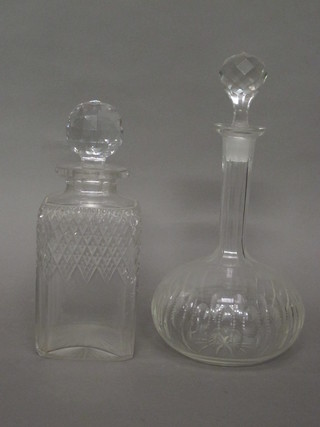 A square cut glass spirit decanter and stopper 10", a club shaped  decanter and stopper 12"