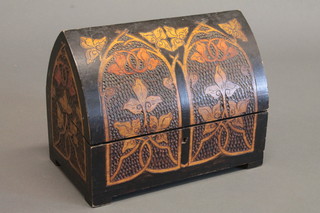 An Art Nouveau style domed poker work trinket box with hinged  lid 10"