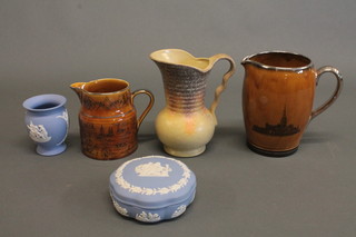 A circular Jasperware jar and cover 4", do. vase 4", 2 Ridgeway porcelain jugs and a small collection of ceramics