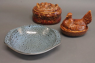 A Port Meirion oval game dish 10", a pottery egg store in the  form of a chicken 7", a circular Poole Pottery twin handled bowl  and other decorative ceramics