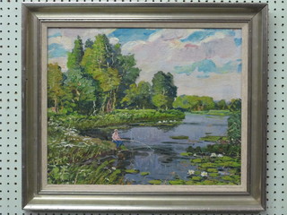20th Century Russian School, impressionist oil on board "Figure Fishing" 15" x 19", indistinctly signed to left hand corner,