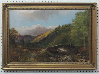 19th Century oil on board "Bridge with Figures, Mountain in Distance" indistinctly signed to bottom left hand corner, the  reverse marked Blanche F Hunter 13" x 20"