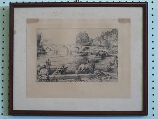 Augustine Lapaire, an etching "River with Bridge and Figures Bathing" 6" x 9"