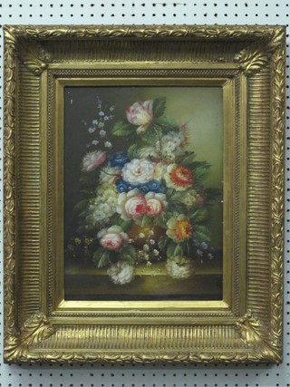 Oil painting on board, still life study "Vase of Flowers",  contained in a decorative gilt frame 15" x 11"