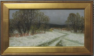 20th Century Russian impressionist oil on canvas "Snowy Scene with Buildings" monogrammed DK 1989, the reverse inscribed  12" x 24"