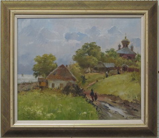 Russian School, oil on canvas "Buildings by Lake with Figures"  19" x 22 1/22, the reverse inscribed
