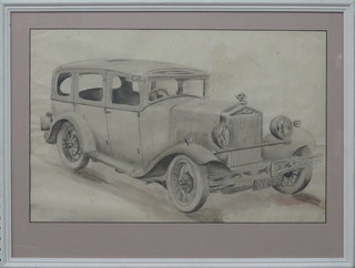 Pencil drawing "Vintage Motorcar" labelled Kingston Upon  Thames Art School, 13" x 20"