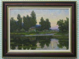 Russian School, impressionist oil on canvas "Buildings by a Lake" 16" x 23" indistinctly signed to bottom right hand corner